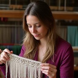 Elara, Textile Designer, examining a swatch of fabric with a loom in the background.