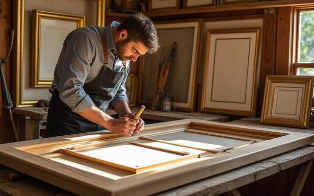 A handcrafted bespoke framing workshop with tools and wood